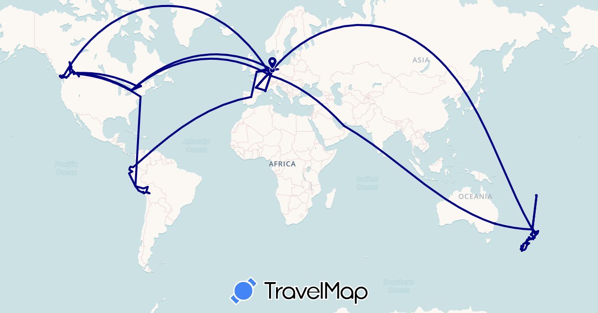 TravelMap itinerary: driving in United Arab Emirates, Australia, Bolivia, Canada, Germany, Ecuador, Spain, Fiji, France, United Kingdom, Netherlands, New Zealand, Peru, United States (Asia, Europe, North America, Oceania, South America)